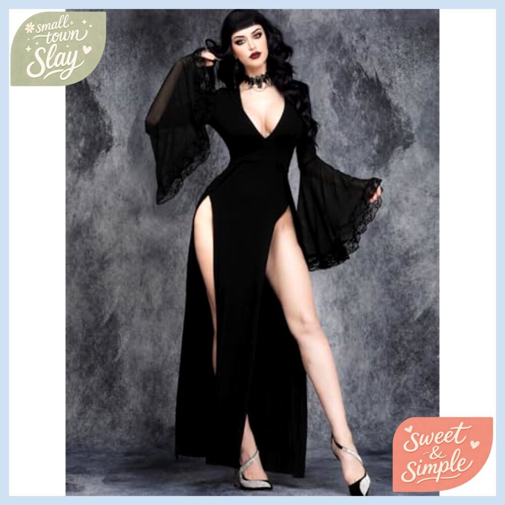 Gothic V Neck High Slit Lace Patchwork Witch Slee… - image 5